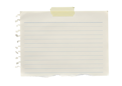 A torn piece of lined notebook paper with blue lines, taped to a surface with yellow tape
