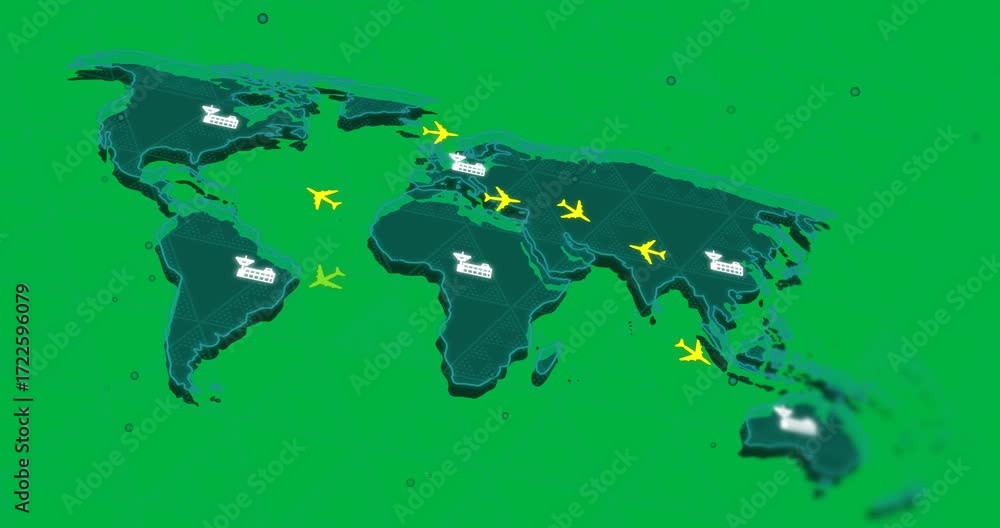 Aufkleber animation of network of connections with airplanes over world map on transparent background