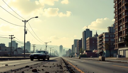 Fototapeta premium An urban street scene under a hazy sky. A solitary car is driving away from a densely packed downtown area with high rise buildings
