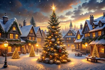 Obraz premium Enchanting snowy village square with a large illuminated Christmas tree and festive lights town