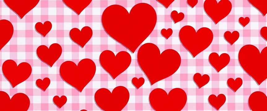 Seamless red heart pattern on pink checkered background Ideal for Valentine's Day, texture, love - Powered by Adobe