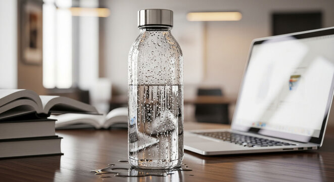 Stay hydrated with a glass water bottle on desk near laptop and books for work or study session focus