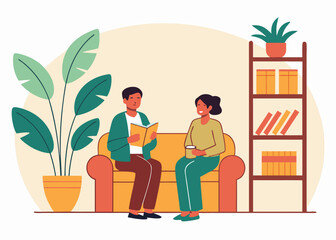 Couple on sofa reading book and drinking coffee with plants and bookshelf in background woman