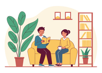 Couple reading a book and drinking coffee on a yellow sofa in a room with plants and bookshelf woman