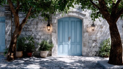 Rustic Stone Building Facade with Light Blue Door and Trees in Europe