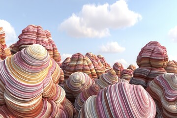 Colorful, layered rock formations under a partly cloudy sky