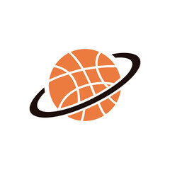 Stylized orange globe with a dark ring orbiting around it on a white background planet earth