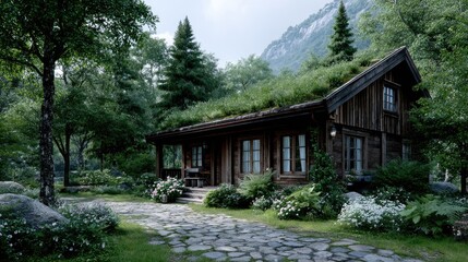 Rustic Cabin with Grass Roof Amidst Lush Greenery and Distant Mountain Range Serene Rural Landscape with Cobblestone Path and Natural Lighting