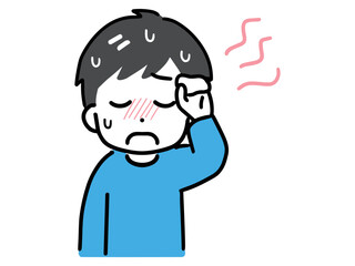 汗をかく暑そうな私服の若い男性(上半身・正面)