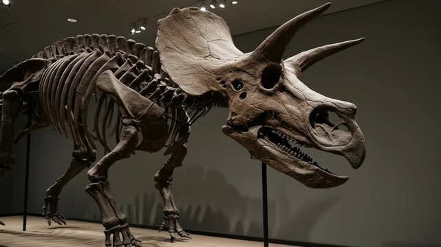 Triceratops skeleton on display in a museum setting. Paleontology exhibit.