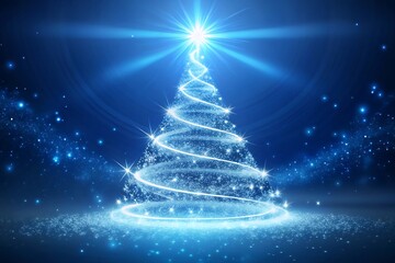 Glowing Blue Christmas Tree with Twinkling Lights and Stars on Dark Background image photo