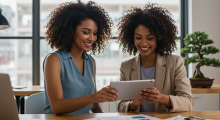 Two smiling women in business attire collaborating, examining a tablet in a modern office setting.