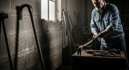Focused Craftsman Bending Metal in Gritty Workshop, Dramatic Chiaroscuro Lighting from Window.