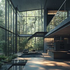 view house interior with a panoramic forest Glass
