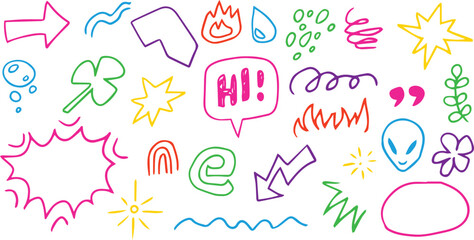Sketch icons hand drawn, children draw style, grunge style icon set. Explosion blast, yellow star, text message hi, alien extraterrestrial, bubbles spheres, fire flame, drop droplet