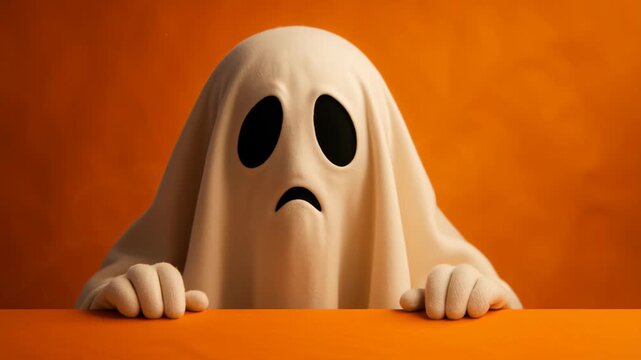 Sad ghost character with black eyes at table evokes spooky loneliness against orange background for Halloween whimsy and melancholy