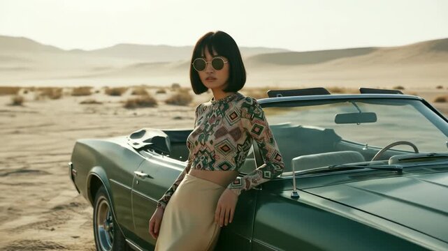 Stylish woman posing with a vintage convertible car in the desert landscape.