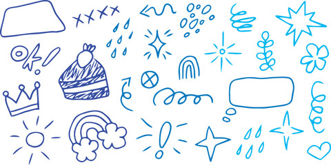 Sketch icons hand drawn, children draw style, grunge style icon set. Cake slice, OK text, sparkle, star shape, rainbow spectrum, royal crown, thought bubble, heart symbol. Painted with light blue 
