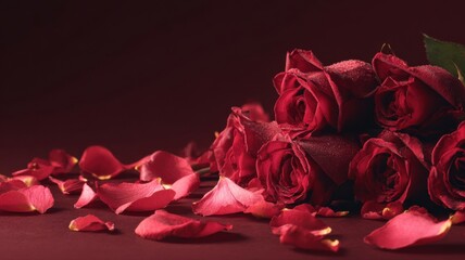 鮮やかな赤いバラの花束と散った花びらの美しさ。愛や感謝の表現に最適な花のイメージ素材。