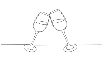 Continuous one line drawing of cheers two glasses.