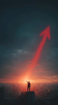 A silhouette of a person standing tall against a dramatic skyline, expressing hope and ambition with a vibrant arrow pointing upward.