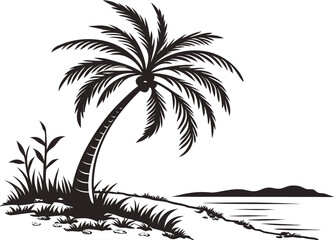 Silhouette of a leaning palm tree on a beach with grass and distant hills ocean water