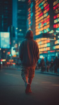 A solitary figure walks through a vibrant urban street illuminated by neon lights, showcasing the essence of city life at night.