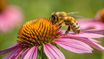 Honey bee pollinating echinacea flower close up macro photography stock image nature