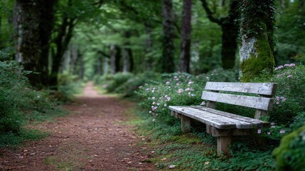 Rustic Wooden Bench Among Green Trees in Lush Forest Tranquil Scene with Pathway Under Shade Serene Nature Landscape Woodland Environment Outdoors