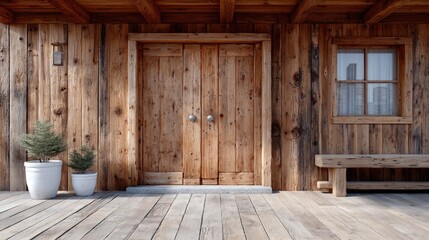 Rustic Wooden Cabin Exterior with Double Doors Window and Bench in Warm Lighting