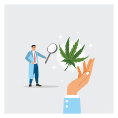 Medical Researcher Examines Marijuana Alternative Medicine With Magnifying Glass.