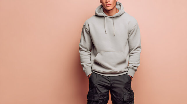 Young man wearing a grey hooded sweatshirt and dark cargo pants standing against a peach background