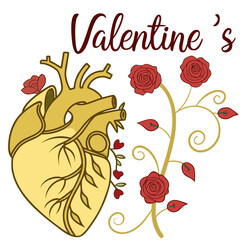 Anatomical heart with roses and valentines text