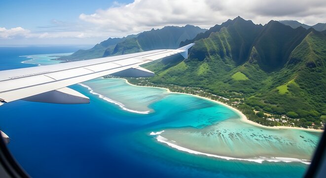 Aerial view of moorea island in french polynesia from airplane window