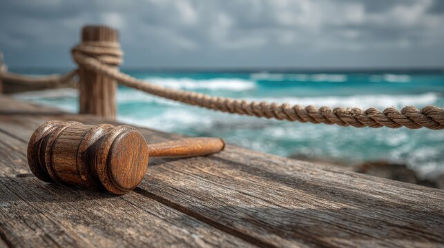 Wooden gavel rests on a weathered dock near the ocean. Use this for law, justice, or coastal issues concepts.
