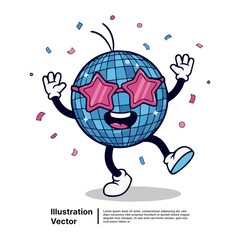 Disco Ball Mascot with Star Sunglasses Dancing in Confetti, Cheerful Party Celebration