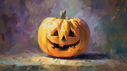 Oil painting of Halloween jack o lantern pumpkin