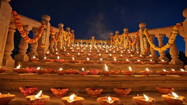 Illuminated Staircase: Thousands of Diyas Glow Under Starry Night Sky, Festive Celebration