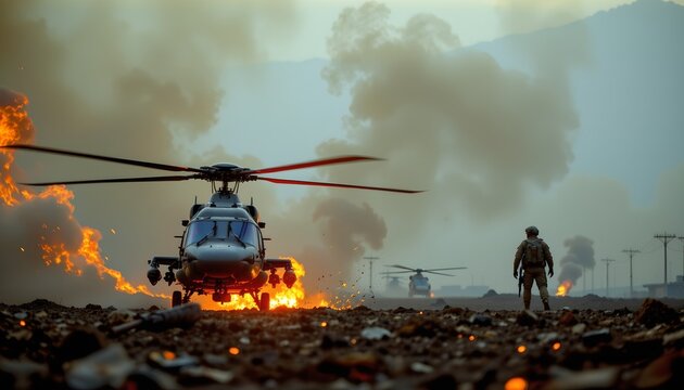 A military operation in progress at a base with active fires. A soldier stands nearby observing, while helicopters hover above, seemingly part of the response effort.