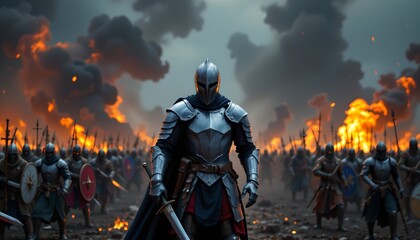 An animated character in medieval armor standing amidst a group of warriors with a backdrop of fiery chaos.