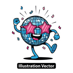 Funky Disco Ball Character with Star Sunglasses Dancing and Celebrating with Confetti