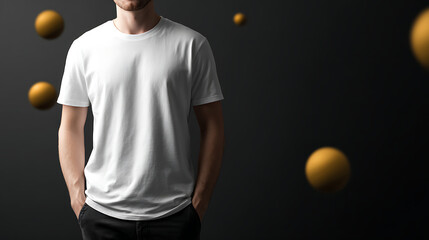 Naklejka premium Man wearing a plain white t shirt with hands in pockets against a dark background with floating spheres