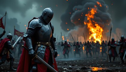 A historical battle scene with knights in armor, armed with swords and shields, standing amidst a field of destruction with burning buildings in the background