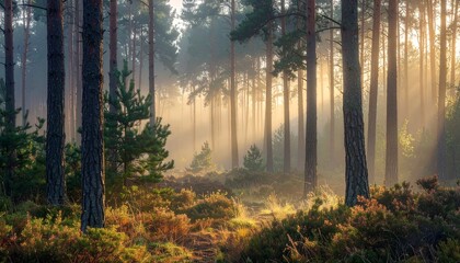 A misty pine forest in the morning light, atmospheric and highly detailed