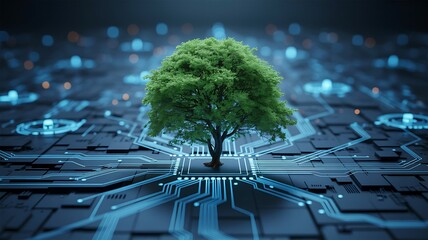 Green Tree Centered On Circuit Board With Blue Lights