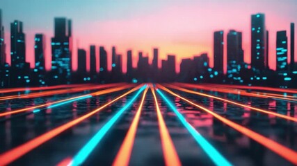Urban landscape at sunset with vibrant neon lights reflecting on wet pavement, creating a futuristic city vibe 4k video footage - Powered by Adobe