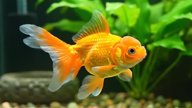 Close-up of a beautiful golden Oranda goldfish with flowing fins swimming gracefully in a vibrant freshwater aquarium with green plants