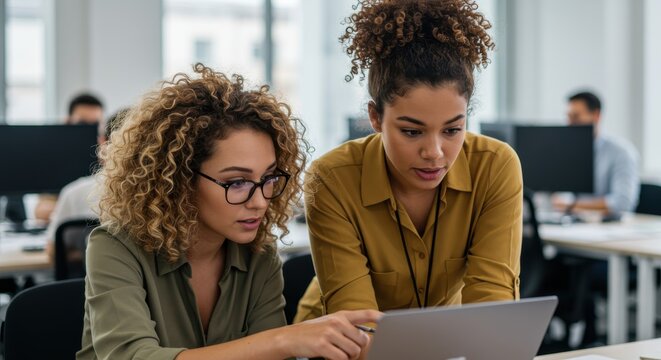 Two women collaborate intently on a laptop in a modern office setting, showcasing focused teamwork and a productive atmosphere. - Powered by Adobe