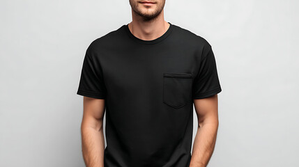 Man wearing a plain black t shirt with a chest pocket against a clean white background