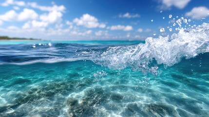 Crystal Clear Turquoise Water Splashing on Sandy Seafloor with Bright Sunlight and Distant Green Shore Under Blue Sky with White Clouds